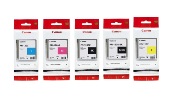 Canon PFI120 Pigment Ink Tank Bundle (Matte Black, Cyan, Magenta, Yellow, Black) in Retail Packaging
